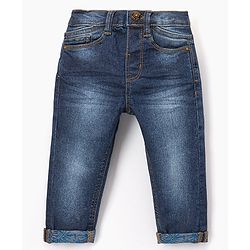 Babyhug Cotton Full Length Stretchable Washed  Denim Jeans With Mock Fly  - Blue