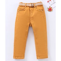 Babyhug Stretchable Full Length Washed Solid Colour Jeans With Belt  With Mock Fly  - Mustard Yellow