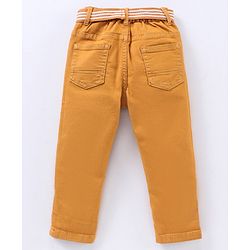 Babyhug Stretchable Full Length Washed Solid Colour Jeans With Belt  With Mock Fly  - Mustard Yellow