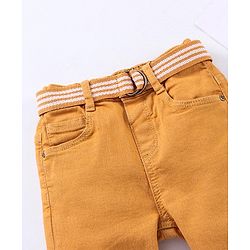 Babyhug Stretchable Full Length Washed Solid Colour Jeans With Belt   Fly With Zipper -  Mustard Yellow