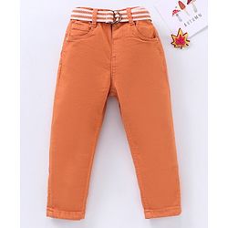 Babyhug Stretchable Full Length Washed Solid Colour Jeans With Belt  With Mock Fly  - Mustard Yellow