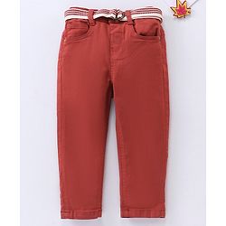 Babyhug Stretchable Full Length Washed Solid Colour Jeans With Belt  With Mock Fly  - Orange
