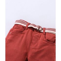 Babyhug Stretchable Full Length Washed Solid Colour Jeans With Belt  With Mock Fly  - Orange