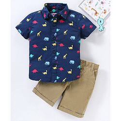 Babyhug Cotton Knit Half Sleeves Shirt And Short Set Animals Print - Navy AOP Grey