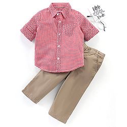 Babyhug Cotton Full Sleeves Checks Shirt & Solid Trousers - Red Brown