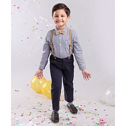 Babyhug Full Sleeves Cotton Woven to Woven Checkered Shirt & Trouser With Suspender - Blue