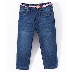 Babyhug Cotton Washed Denim Full Length Stretchable Jeans With Belt - Blue