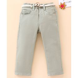 Babyhug Full Length Washed Solid Colour Jeans With Belt With Mock Fly  -Grey