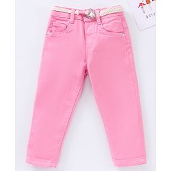 Babyhug Full Length Washed Solid Colour Jeans With Belt  With Mock Fly  - Pink