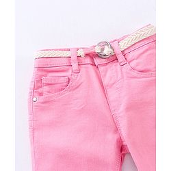 Babyhug Full Length Washed Solid Colour Jeans With Belt  With Mock Fly  - Pink