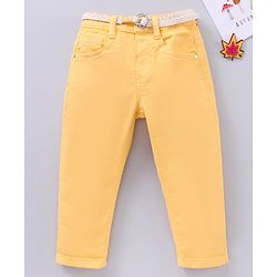 Babyhug Full Length Washed Solid Colour Jeans With Belt  With Mock Fly  - Yellow