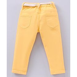 Babyhug Full Length Washed Solid Colour Jeans With Belt  With Mock Fly  - Yellow