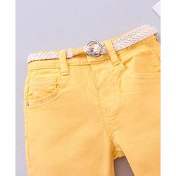 Babyhug Full Length Washed Solid Colour Jeans With Belt  With Mock Fly  - Yellow