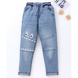 Babyhug Full Length Washed Denim Jeans with  Face Embroidery - Blue