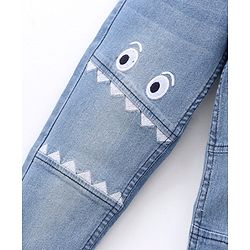 Babyhug Full Length Washed Denim Jeans with  Face Embroidery - Blue
