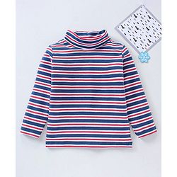 Babyhug Cotton Knit Full Sleeves Striped Skivi Winter T-Shirt - Navy Red