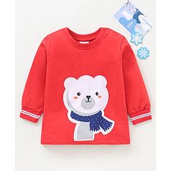 Babyhug Cotton Full Sleeves Winterwear T-Shirt with Bear Applique & Tipping at Cuff- Red