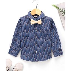 Babyhug Party Wear Full Sleeves Shirt With Bow Digital Print - Navy Blue