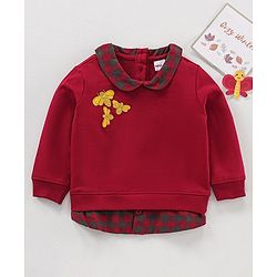Babyhug Cotton Knit Full sleeves Sweatshirt With Woven Peter Pan Collar & Honeybee Badge - Red