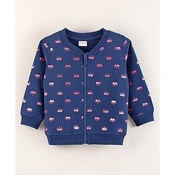 Babyhug Cotton Full Sleeves Front Open Sweatshirt With Foil Crown Print- Blue
