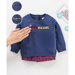 Babyhug Full Sleeves Sweatshirt With Reversible Sequins & Woven Checks Mock Shirt Hem - Blue
