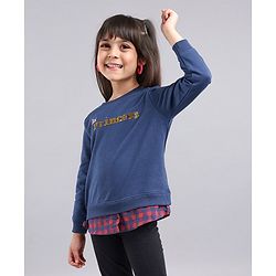 Babyhug Full Sleeves Sweatshirt With Reversible Sequins & Woven Checks Mock Shirt Hem - Blue