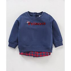 Babyhug Full Sleeves Sweatshirt With Reversible Sequins & Woven Checks Mock Shirt Hem - Blue