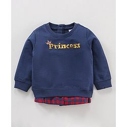 Babyhug Full Sleeves Sweatshirt With Reversible Sequins & Woven Checks Mock Shirt Hem - Blue