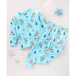 Babyhug Cotton Full Sleeves Nightsuit Teddy Print - Light Blue