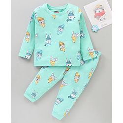 Babyhug Cotton Knit Full Sleeves Night Suit Bunny & Bear Print - Blue