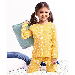 Babyhug Full Sleeves Night Suit Star Print - Yellow