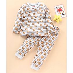Babyhug Full Sleeves Striped Night Suit Tiger Print - Off White