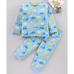 Babyhug Cotton Knit Full Sleeves DIno Print Night Suit - Stone Blue