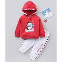 Babyhug Cotton Full Sleeves Hooded T-Shirt & Lounge Pants Penguin Patch- Red White