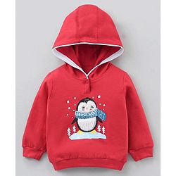 Babyhug Cotton Full Sleeves Hooded T-Shirt & Lounge Pants Penguin Patch- Red White