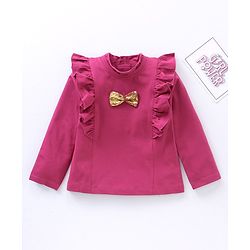 Babyhug Cotton Knit Full Sleeves Solid Colour With Sequins Bow Top - Maroon