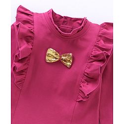 Babyhug Cotton Knit Full Sleeves Solid Colour With Sequins Bow Top - Maroon