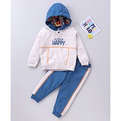 Babyhug Full Sleeves Hooded T-Shirt & Lounge Pant Text Print - White Blue