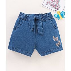 Babyhug Mid Thigh Length Washed Shorts Butterfly Embroidery - Blue