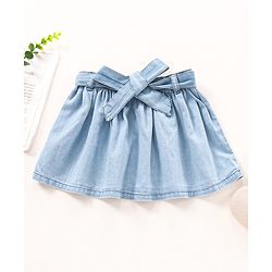 Babyhug Mid Thigh Cotton Denim Skirt Washed With Lace Belt- Blue