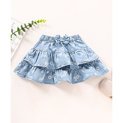 Babyhug Cotton Denim Layered Skirt Floral Print With Bow Applique- Blue