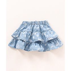 Babyhug Cotton Denim Layered Skirt Floral Print With Bow Applique- Blue