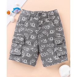 Babyhug Cotton Knit Mid Thigh Shorts Shark Printed - Grey