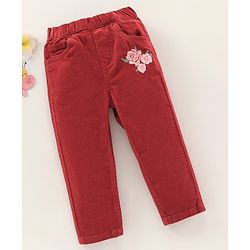 Babyhug Full Length  Corduroy Pants Flower Patch - Red