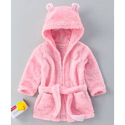 Babyhug Velour Cotton Knit Full Sleeves Hooded Bath Robe With Ear Flaps- Light Pink