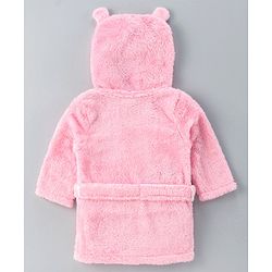 Babyhug Velour Cotton Knit Full Sleeves Hooded Bath Robe With Ear Flaps- Light Pink