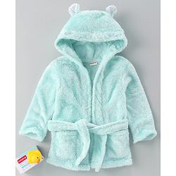 Babyhug Velour Cotton Knit Full Sleeves Hooded Bath Robe With Ear Flaps- Blue
