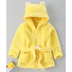 Babyhug Velour Cotton Knit Full Sleeves Hooded Bath Robe With Ear Flaps- Yellow
