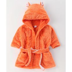 Babyhug Velour Cotton Knit Full Sleeves Hooded Bath Robe With Ear Flaps- Orange