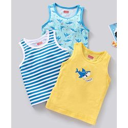 Babyhug 100% Cotton Sleeveless Sando Vests Stripes & Shark Print Pack of 3- Multicolor